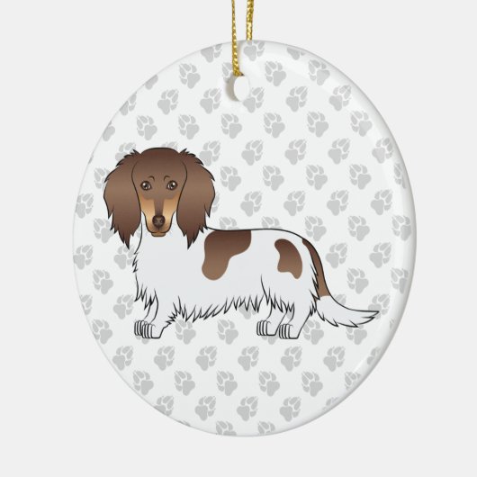 Chocolade & Tan Piebald Long Hair Dachshund & Text Keramisch Ornament (Links)