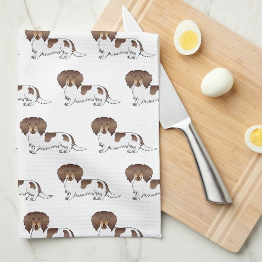 Chocolade & Tan Pied Langharige Dachshond Patroon Theedoek (Quarter Fold)