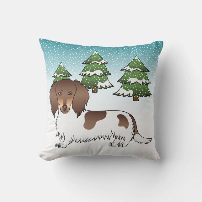 Chocolade & Tan Pied Langharige Dachshund in de Wi Kussen (Voorkant)