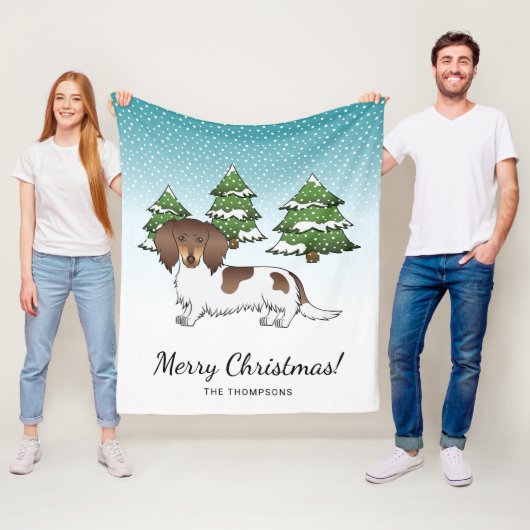 Chocolade & Tan-pied Long Hair Dachshund in Winter Fleece Deken (In situ)