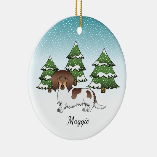 Chocolade & Tan-pied Long Hair Dachshund in Winter Keramisch Ornament (Rechts)