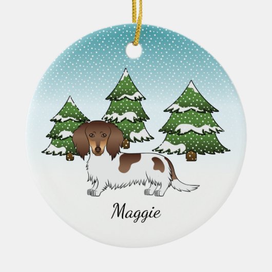 Chocolade & Tan-pied Long Hair Dachshund in Winter Keramisch Ornament (Voorkant)