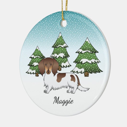 Chocolade & Tan-pied Long Hair Dachshund in Winter Keramisch Ornament (Links)