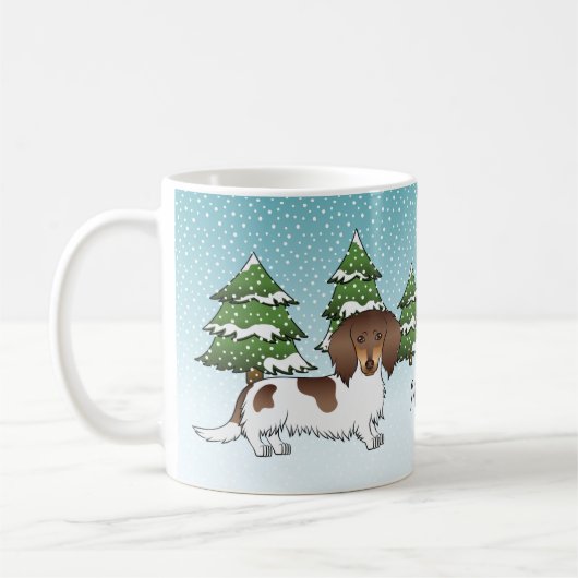 Chocolade & Tan-pied Long Hair Dachshund in Winter Koffiemok (Links)