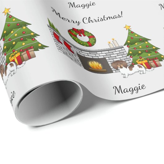 Chocolade & Tan Pied Long Hair Dachshund Kerstmis Cadeaupapier (Rol Hoek)