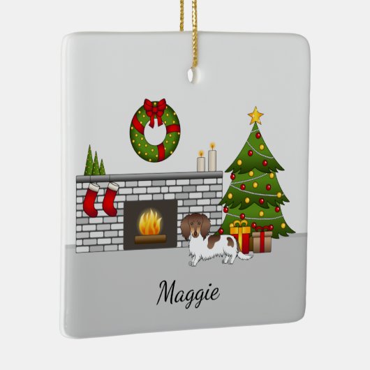 Chocolade & Tan Pied Long Hair Dachshund Kerstmis Keramisch Ornament (Rechts)