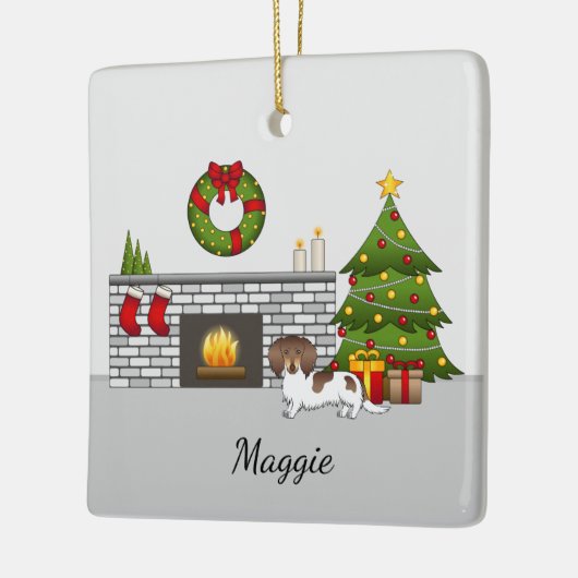 Chocolade & Tan Pied Long Hair Dachshund Kerstmis Keramisch Ornament (Links)