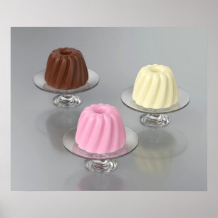 Chocolade-, vanille- en aardbeipudding in glas poster