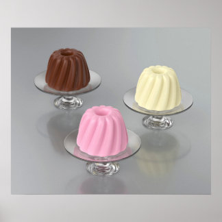 Chocolade-, vanille- en aardbeipudding in glas poster