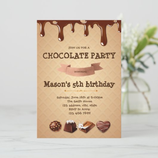 Chocolade verjaardagsfeestje uitnodiging (Staand voorkant)
