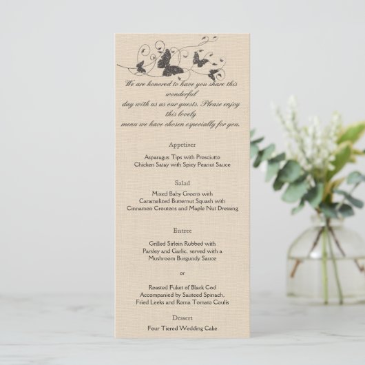 Chocolade Vlinders op Ecru Wedding Menu (Staand voorkant)