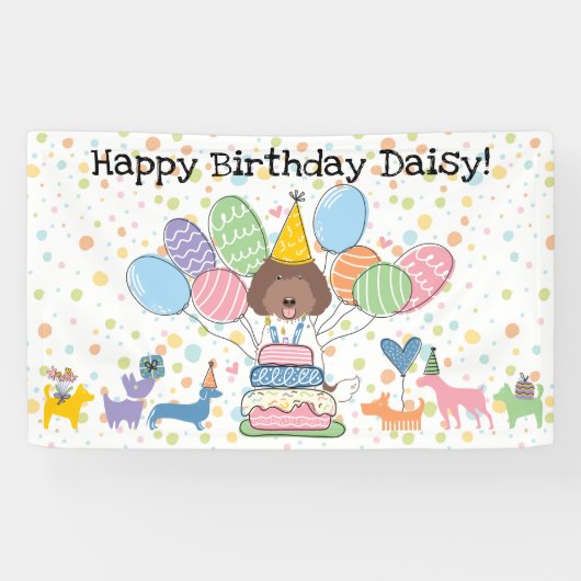 Chocolade Witte Labradoodle Hond Verjaardagsfeestj Spandoek (Horizontaal)