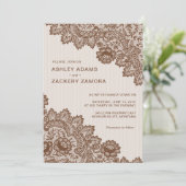 Chocoladebruin  kant bruiloft uitnodiging (Staand voorkant)