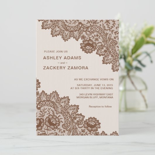 Chocoladebruin  kant bruiloft uitnodiging (Staand voorkant)