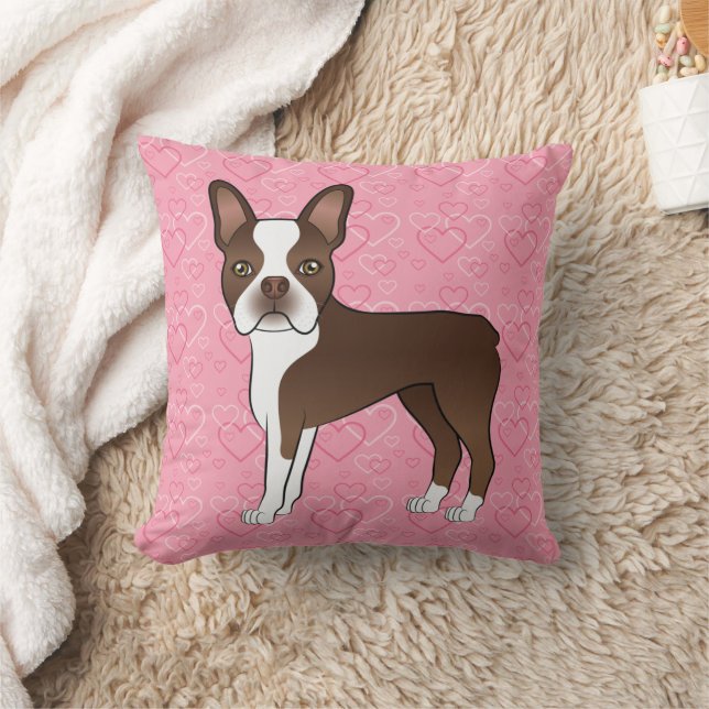 Chocoladebruine Boston Terrier-hond op roze harten Kussen (Deken)