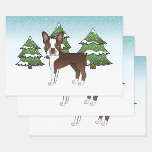 Chocoladebruine Boston Terrier In Een Winterbos Inpakpapier Vel