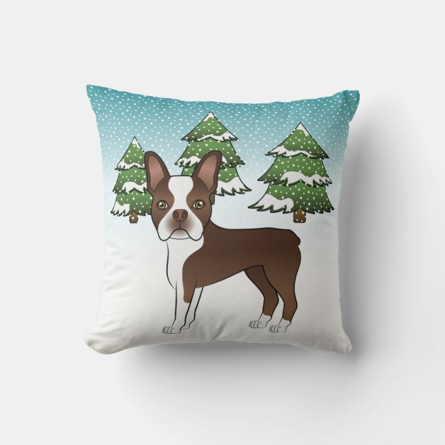 Chocoladebruine Boston Terrier In Een Winterbos Kussen (Voorkant)
