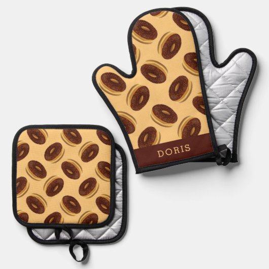 Chocoladebruine donuts patroon ovenwant & pannenlap set (Voorkant / Achterkant)