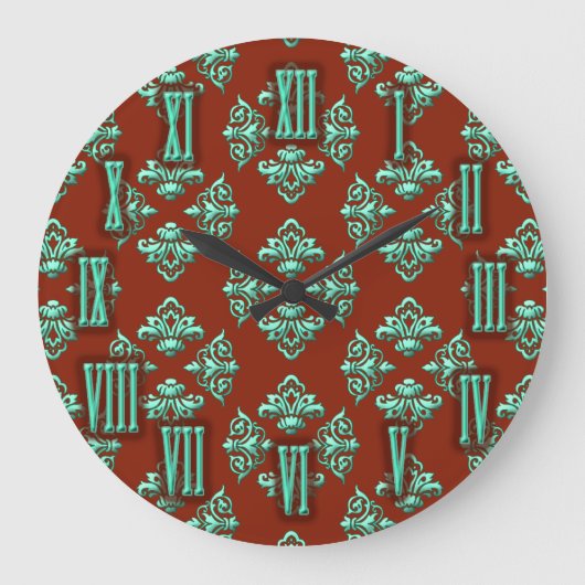 Chocoladebruine en Blauwgroen Damask Clock Grote Klok (Voorkant)