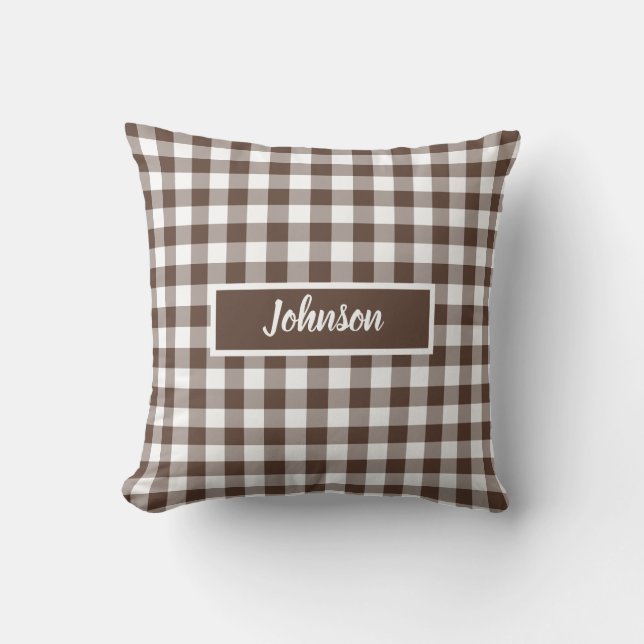 Chocoladebruine geruite gingham aanpasbaar kussen (Voorkant)