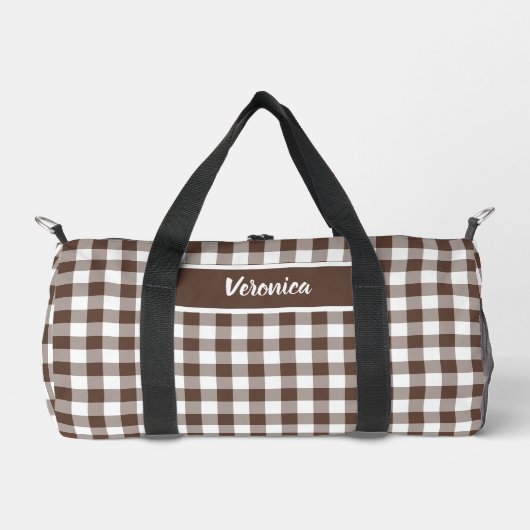 Chocoladebruine geruite gingham gepersonaliseerde plunjezak (Voorkant)