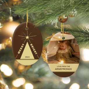 Chocoladebruine ovale kerstboom familiefoto keramisch ornament