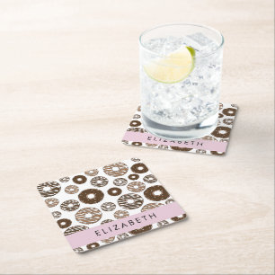 Chocoladedonuts, karameldonuts, ijs, Jouw naam Kartonnen Onderzetters