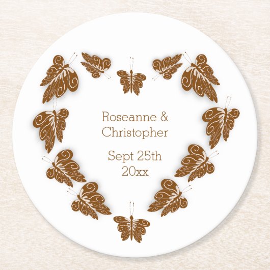 Chocoladekleurige vlinders ontwerp bruiloft ronde kartonnen onderzetter (Voorkant)