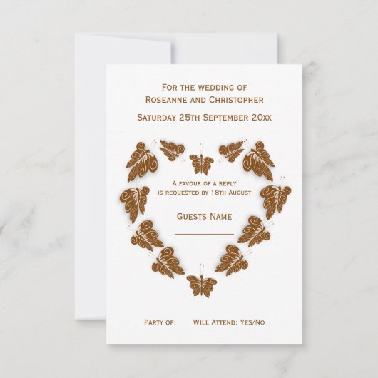 Chocoladekleurige vlinders ontwerp bruiloft RSVP kaartje (Achterkant)