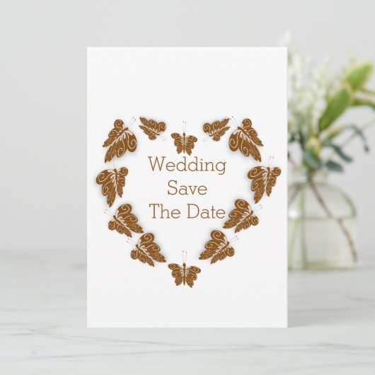 Chocoladekleurige vlinders ontwerp bruiloft save the date (Staand voorkant)