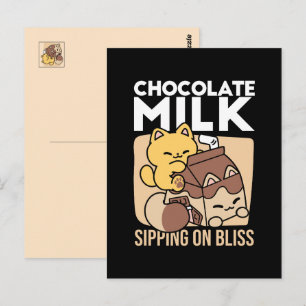Chocolademelk nippen aan geluk – Kawaii kattenvoer Briefkaart