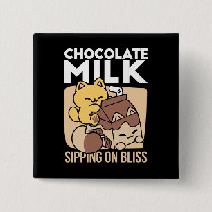 Chocolademelk nippen aan geluk – Kawaii kattenvoer Vierkante Button 5,1 Cm