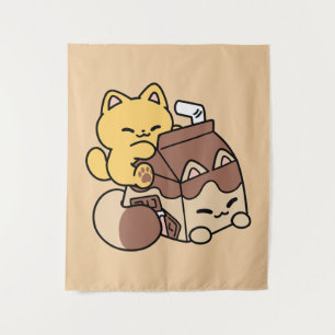 Chocolademelk nippen aan geluk – Kawaii kattenvoer Wandkleed