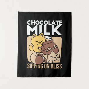 Chocolademelk nippen aan geluk – Kawaii kattenvoer Wandkleed