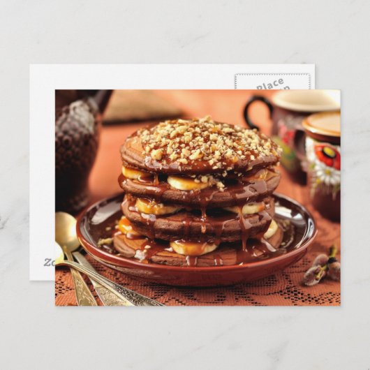 Chocoladepannenkoeken met bananen en karamel briefkaart (Voorkant / Achterkant)