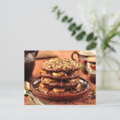 Chocoladepannenkoeken met bananen en karamel briefkaart (Staand voorkant)