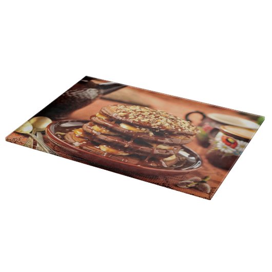 Chocoladepannenkoeken met bananen en karamel snijplank (Hoek)