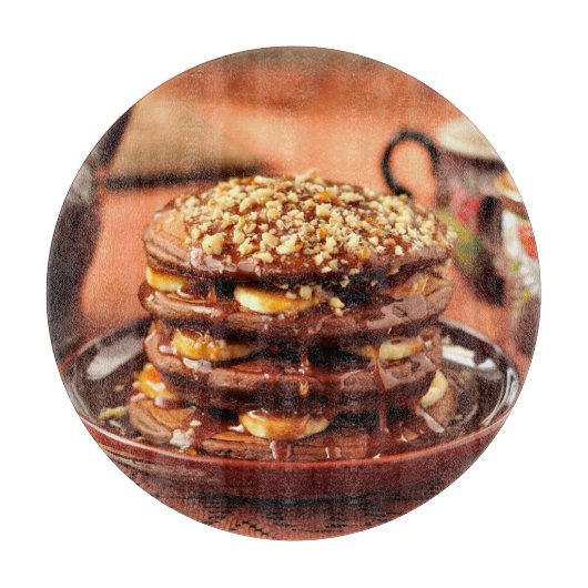 Chocoladepannenkoeken met bananen en karamel snijplank (Voorkant)