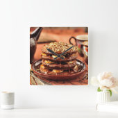 Chocoladepannenkoeken met bananen en karamel vierkante klok (Huis)