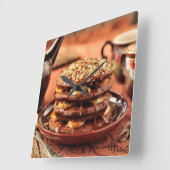 Chocoladepannenkoeken met bananen en karamel vierkante klok (Hoek)