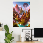 Chocoladepuddedorp in de berg | AI Art. Poster (Thuiskantoor)