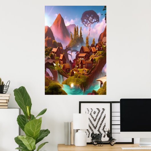 Chocoladepuddedorp in de berg | AI Art. Poster (Thuiskantoor)