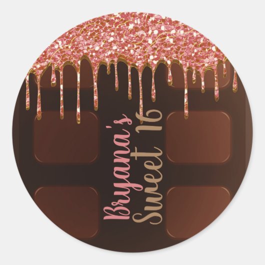 Chocoladereep Pink Glitter Drip Sweet 16 Ronde Sticker (Voorkant)