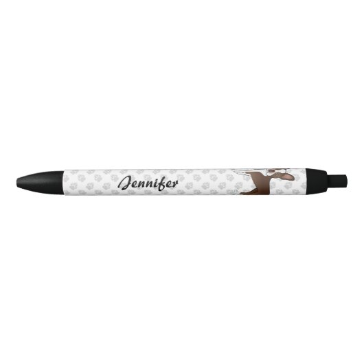 Chocolate Boston Terrier Cute Cartoon Dog & Name Zwarte Inkt Pen (Voorkant)