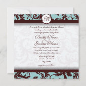 Chocolate Brown Aqua Damask Wedding Invitation Kaart (Voorkant)