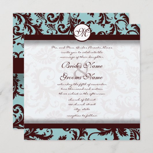 Chocolate Brown Aqua Damask Wedding Invitation Kaart (Voorkant / Achterkant)