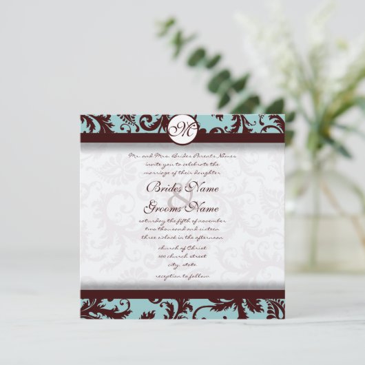 Chocolate Brown Aqua Damask Wedding Invitation Kaart (Staand voorkant)
