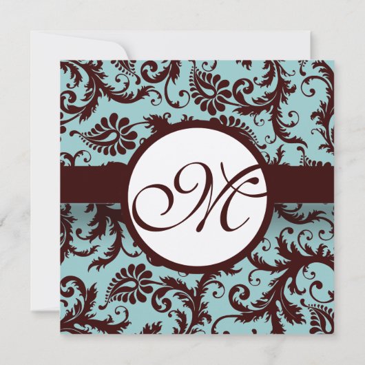 Chocolate Brown Aqua Damask Wedding Invitation Kaart (Achterkant)