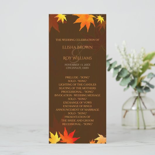 Chocolate Brown Autumn Wedding Programme Programmakaart (Staand voorkant)