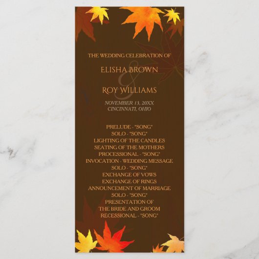 Chocolate Brown Autumn Wedding Programme Programmakaart (Voorkant)